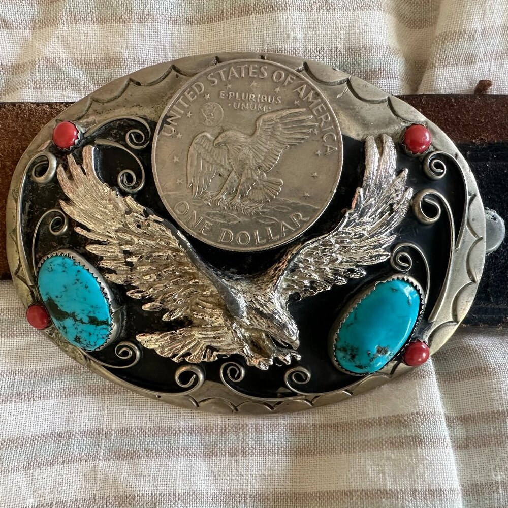 Vintage Metal Belt Buckle, Silver, Turquoise Stones, Silver Dollar, Leather Belt